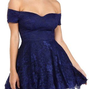 Windsor Off the Shoulder Lace Dress - Navy Blue, Small